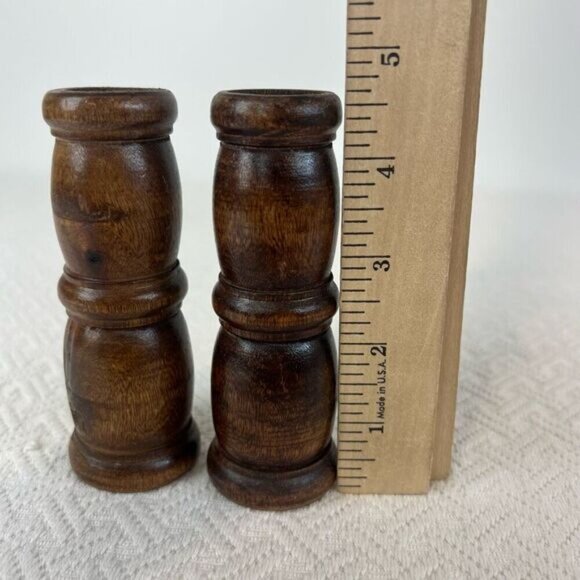 Vintage Carved Handmade Wooden Pair Two 2 MCM Boho Candle Holders Brown Retro - Picture 3 of 10